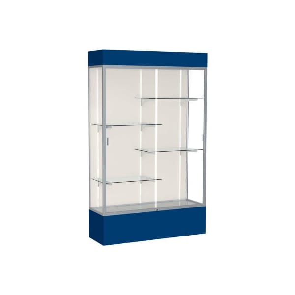 Waddell Display Case Of Ghent Spirit Lighted Display Case 48"W x 80"H x 16"D Plaque Back Satin Finish Navy Base & Top 3174PB-SN-NY - main
